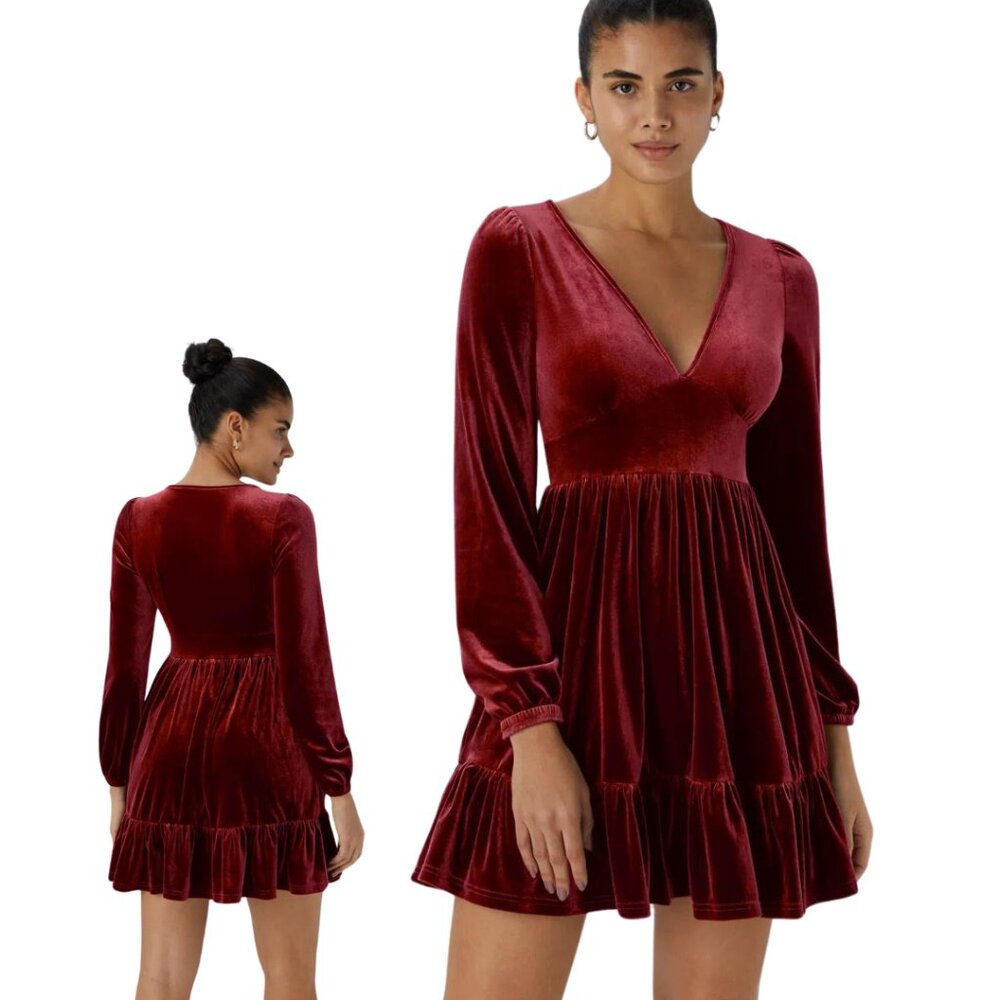 HALARA Deep V Neck Ruffled Hem Velvet Cranberry Red Mini Party Dress XS NWT